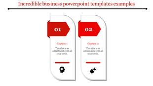 Two white rectangular panels with curved edges and red arrow shaped headings, each showing icons and captions.