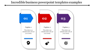 Sequential infographic with three vertical panels, numbered and color-coded, featuring captions and icons for business.
