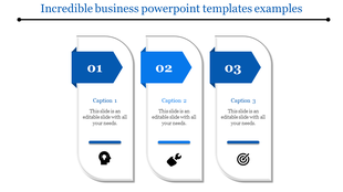 Three curved rectangular panels with blue arrows, featuring icons and captions arranged horizontally on a white background.