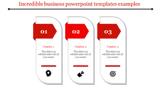 Three step business process with curved panels containing red arrows, captions, and icons on a white background.