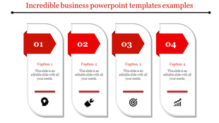 Four white rectangular shapes with red arrowheads and captions, arranged horizontally with business icons.