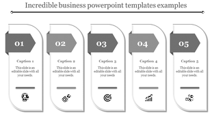 Five white rectangular panels with curved edges and gray arrow shaped headings, each showing icons and captions.