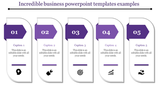 Business PPT slide featuring five numbered sections with icons representing ideas, tools, goals, growth, and analysis.
