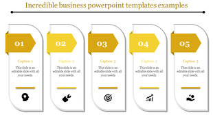 Business slide featuring five steps, each highlighted with yellow arrows, paired with black icons and captions.