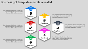 Stepwise business slide with six hexagonal sections, each featuring captions and icons for various business stages.