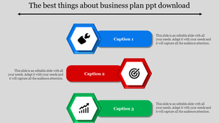 Three hexagonal icons in blue, red, and green with captions arranged horizontally, on a gray background.