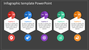 Infographic slide featuring five steps, each with a caption and unique icon representing various business concepts.