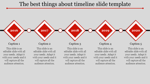 Timeline slide with five years from 2016 to 2020, each year represented by a red diamond, with captions below.