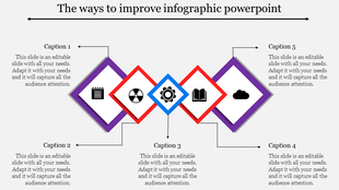 PowerPoint infographic template with five diamond shapes, each containing an icon and caption.