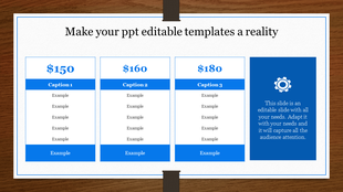 Pricing comparison table with three sections and a blue sidebar featuring a gear icon and placeholder text areas.