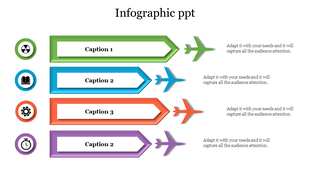 Infographic PowerPoint slide with icons representing different steps and caption areas.