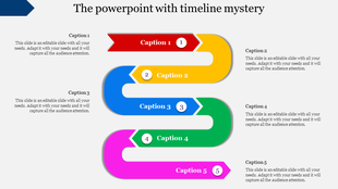 Zigzag timeline design with five captions and colorful arrows, starting from red at the top to pink at the bottom.