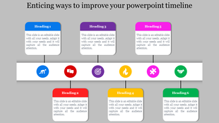 A PowerPoint timeline template with colorful headings and corresponding icons and captions.
