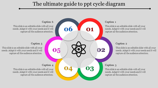 Circular cycle diagram with six colorful segments in red, purple, green, yellow, pink, and blue, labeled 01 to 06.