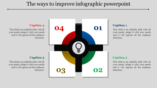 Infographic PowerPoint slide with numbered sections and a central lightbulb icon with four captions.