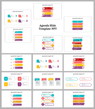 Slide deck showcasing agenda templates with colorful arrow, step, and list based designs in multiple layouts.
