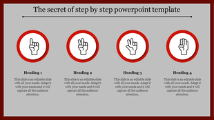 Step by step PowerPoint template with four steps, each represented by numbered icons with placeholder text.