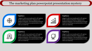 Marketing infographic with four colorful shields, each containing distinct icons target, bar chart, ribbon, and globe.