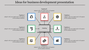 A PowerPoint slide for business development featuring eight sections with various icons and captions.