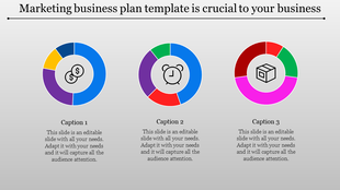Marketing business plan template featuring colorful circular icons with space for captions.