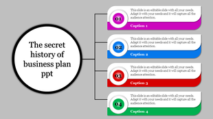Slide layout featuring a central white circular title with four numbered captions in pink, blue, red, and green rows.