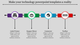 Four-step technology process diagram with circular icons and labels for label printer, stepper motor, connector, and toolbar.