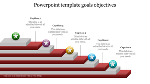 Goals and objectives slide featuring a tiered layout with captions and space for user input on key points.
