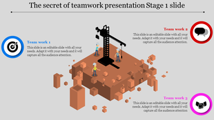 Illustration of workers building on a brown 3D block with a black crane, surrounded by blue, red, and pink text sections.