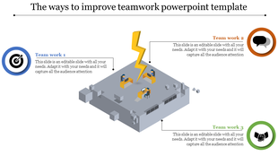 3D teamwork concept with a gray block platform, featuring workers at desks, a yellow lightning bolt, and three text sections.