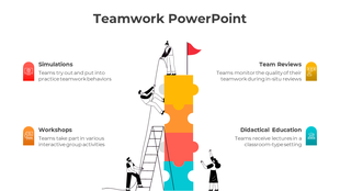 Teamwork slide showing people using a ladder and tools to build a multicolored puzzle tower, surrounded by four captions.