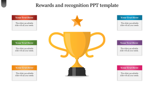 Template for a recognition slide with a gold trophy and star in the middle, surrounded by six text boxes in different colors.