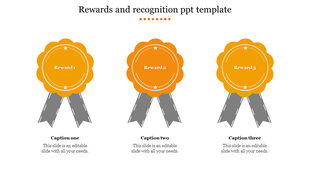 Three orange badges in a row with gray ribbons below, each labeled with captions underneath.