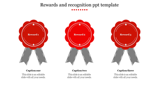 Three red award badges with gray ribbons, each placed above a caption on a white background.
