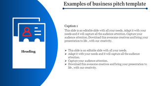 Business pitch PowerPoint slide featuring an icon of a business card with a person’s profile and a heading.