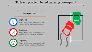 Problem based learning slide featuring three icons and a visual of a red and green car crash on a gray background.