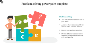 Puzzle-themed infographic with four colored pieces, each featuring icons for ideas, teamwork, and solutions.