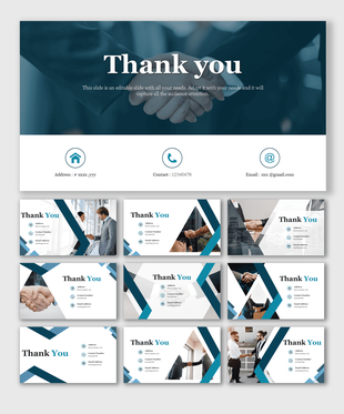A thank you image with a professional handshake background, a bold title area and home, phone, and email icons at the bottom.
