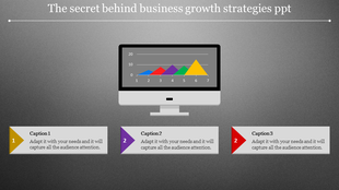 Slide featuring a bar chart on a monitor and three caption boxes labeled 1, 2, and 3 in yellow, purple, and red.