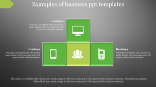 Business PowerPoint template showing three sections with icons for a computer, mobile phone, and a group of people.
