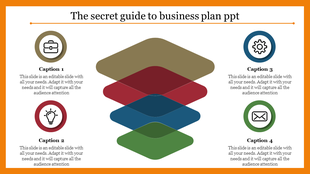 Business plan slide with stacked layers in brown, red, blue, and green, and circular icons with captions around the layout.