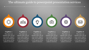 Services slide with sections and color coded icons for captions with placeholder text.
