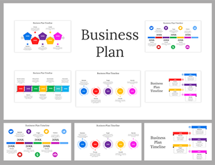Slide deck for business plan timelines featuring multiple colorful layouts, charts, and timeline diagrams.