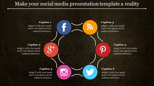Circular design showcasing social media platforms: Facebook, RSS, Google+, Instagram, Twitter, and Pinterest.