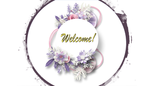 Beautiful floral-themed welcome slide with pastel purple and pink flowers framed by a circular design on a white background.