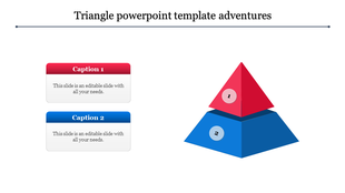 Two-level triangular infographic with red and blue layers, labeled paired with captions in matching colors to the left.