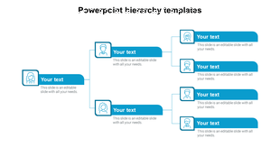 Hierarchy diagram slide with blue color text boxes connected to represent organizational structure with icons.