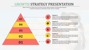 Colorful pyramid diagram slide showing five steps for growth strategy with corresponding icons and captions.