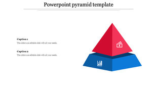 Two tier pyramid PowerPoint slide with red and blue segments, featuring icons for financial data and analytics.