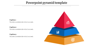Three layered pyramid infographic with red, blue, and orange sections, each featuring icons and captions on the left.