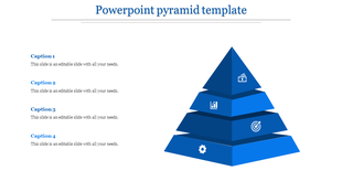 Four tier blue pyramid template with captions for vision, growth, strategy, and operations in a PowerPoint slide.